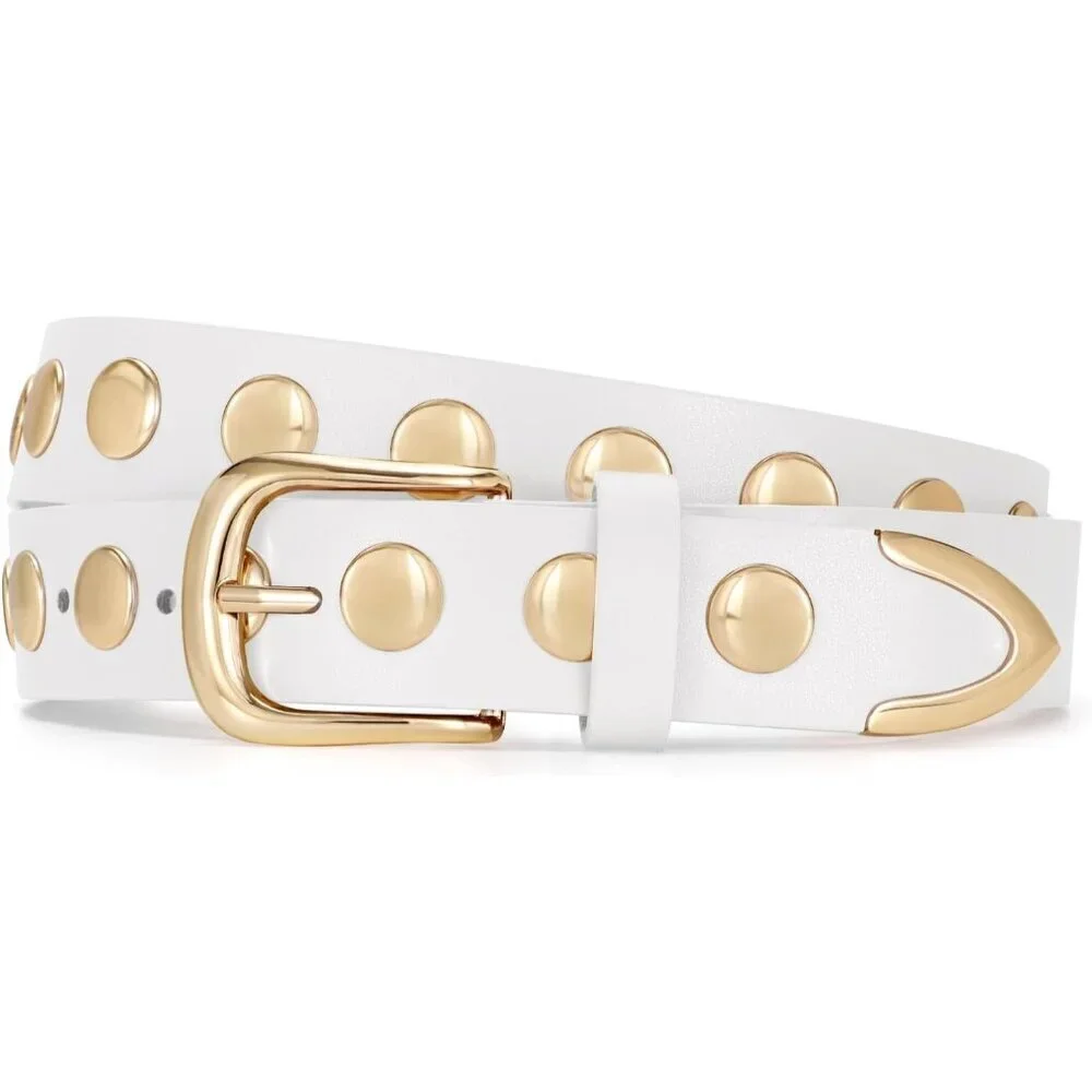 Women's White Fashion Leather Belt Punk Studded Belt for Jeans Pants Dresses